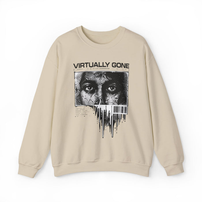 Virtually Gone Crewneck Sweatshirt — Distressed Barcode Face Graphic