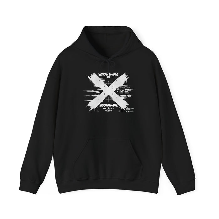 Grunge Distressed X Hoodie – Black Graphic Pullover with 'Offline' Tech Print