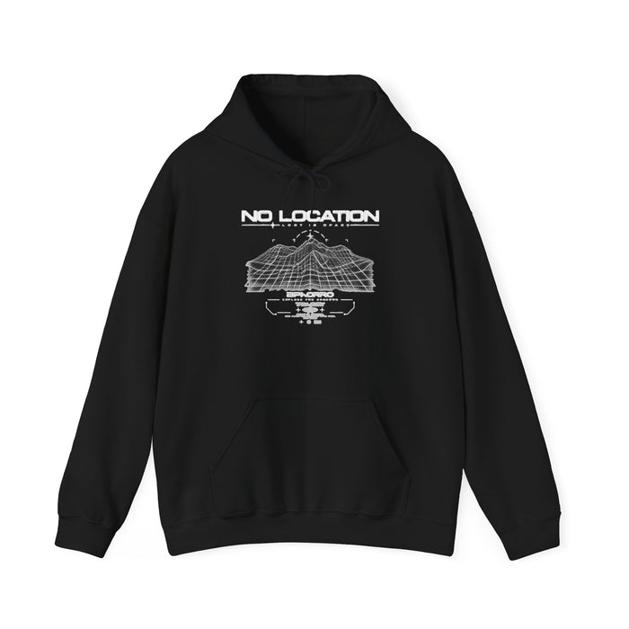 No Location Graphic Hoodie — Retro Wireframe Tech Pullover