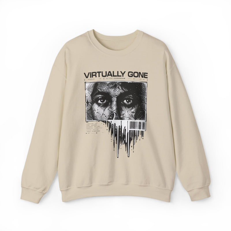 Virtually Gone Crewneck Sweatshirt — Distressed Barcode Face Graphic