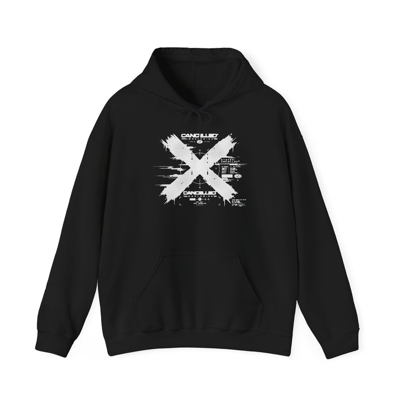 Grunge Distressed X Hoodie – Black Graphic Pullover with 'Offline' Tech Print