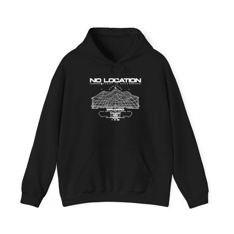 No Location Graphic Hoodie — Retro Wireframe Tech Pullover