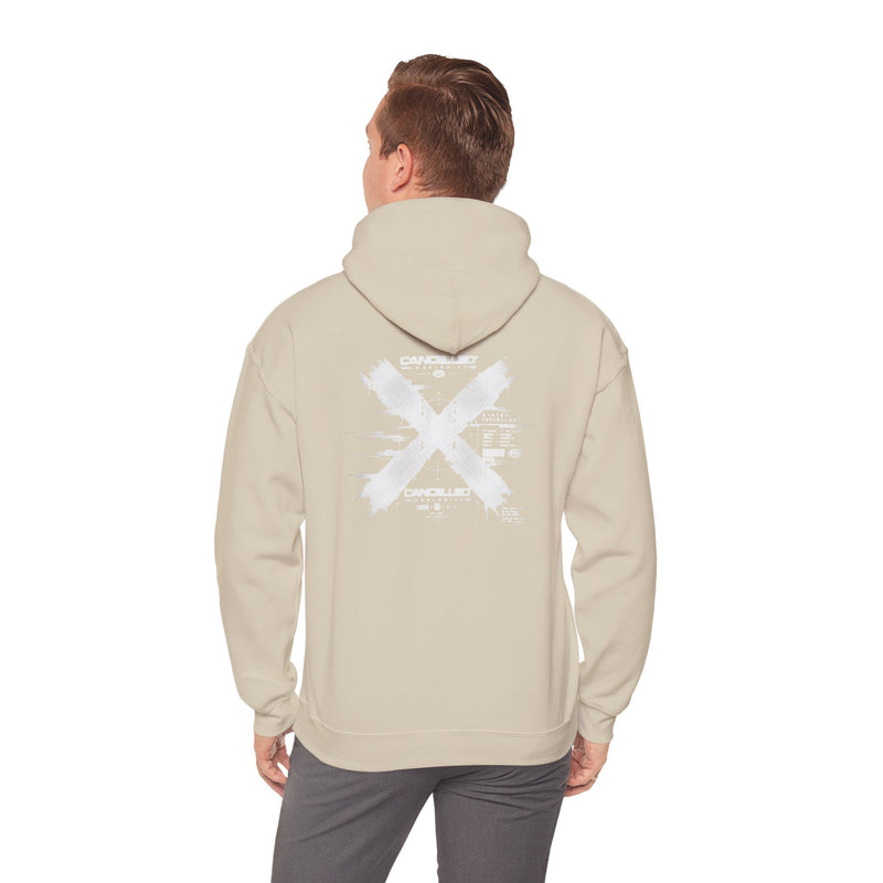 Back Graphic Hoodie — Distressed White X Brushstroke Design
